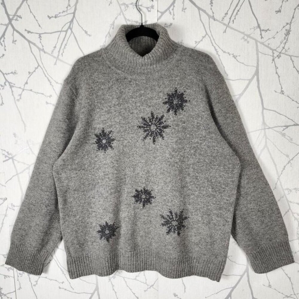 Togo Gray Snowflake Embroidered Wool Angora Turtleneck Sweater